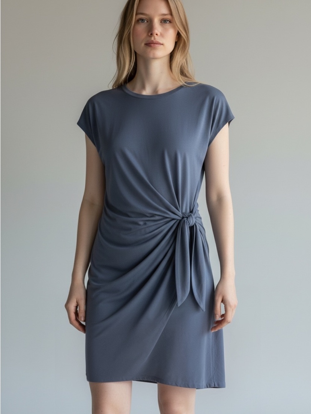 Spense Slate Blue Knot-Side Cap-Sleeve Mini Dress